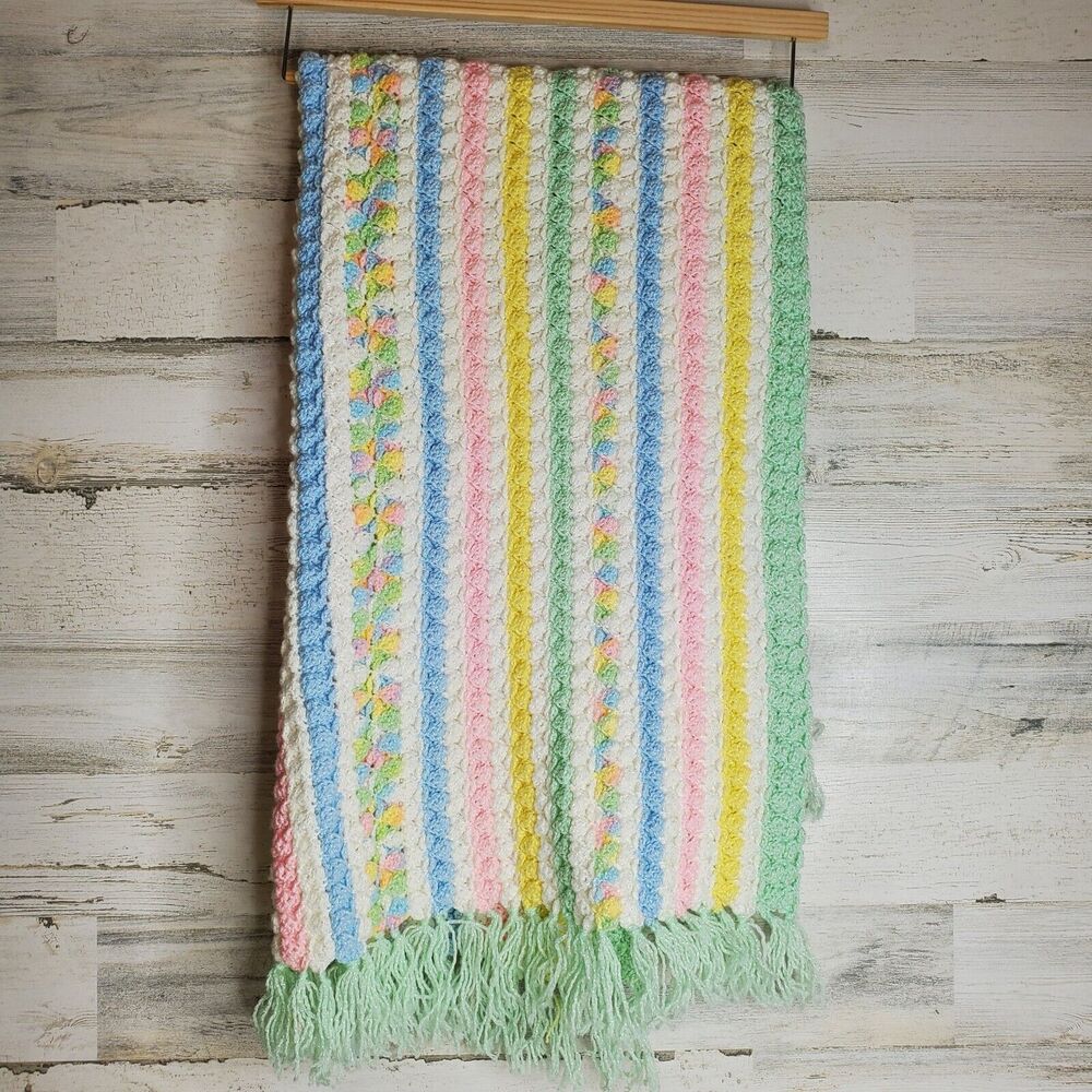 Beautiful Handmade Crochet Baby Blanket Pastel Easter Multicolor Fringed 45x27